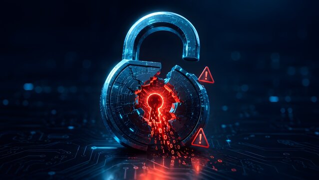 Open glowing metallic padlock cracked with red data streams and warning triangle icons. Concept of ransomware malware infection, cybersecurity data leak, and network defense vulnerability.