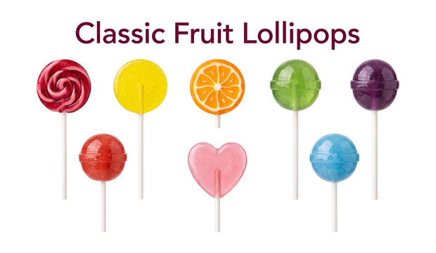 Classic fruit lollipops collection set featuring colorful hard candy pops, cherry, lemon, and berry flavored suckers, realistic design elements isolated on transparent