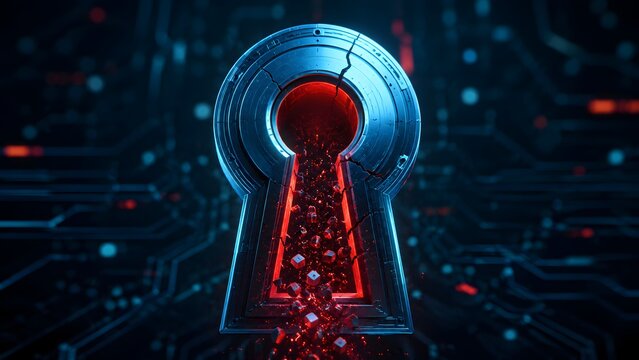 Cracked metallic keyhole spilling red digital particles. Concept of password hacking attempt, cyber security breach, and digital privacy vulnerability