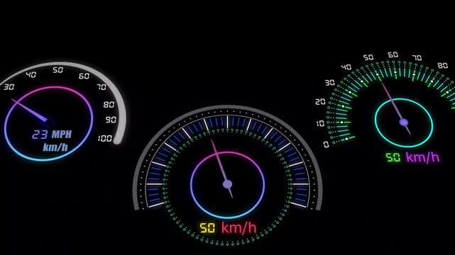 Digital speedometer gauge animation displaying rapid acceleration and vehicle performance motion for futuristic vehicle dashboard footage