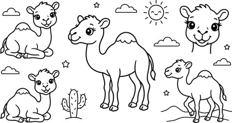 Obraz premium Cute Camel Cartoon Character Vector Set with Desert Elements for Coloring Book Designs