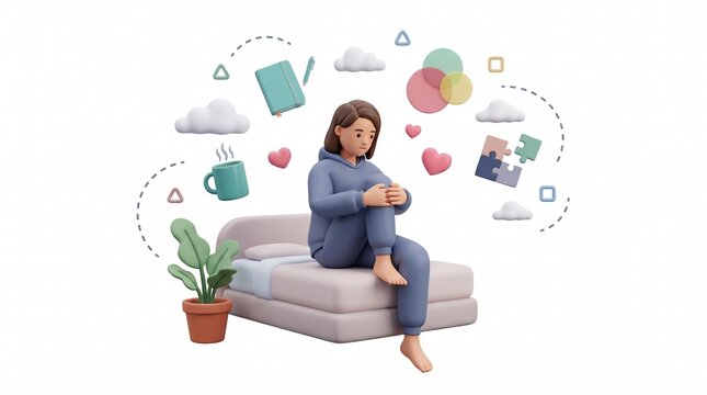 Depressed young woman sitting alone on bed surrounded by floating abstract symbols with depicts stylized 3D character sitting bed pensive expression