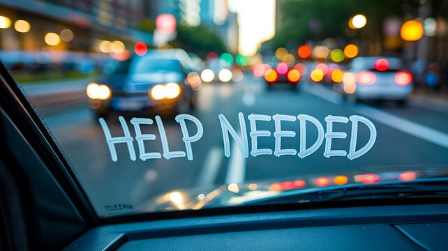 Help needed message on car window highlighting emergency assistance concept