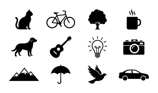 Diverse Silhouette Icons Set: Cat, Dog, Bicycle, Guitar, Tree, Lightbulb, Camera, Mountains, Umbrella, Bird, Car, Coffee Cup Vector Graphics