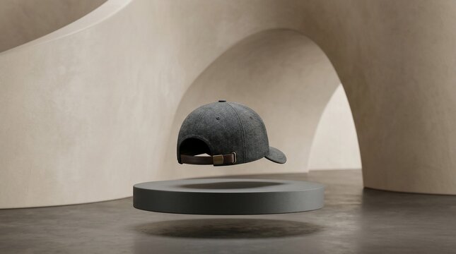 Minimalist cap display modern studio archway soft lighting