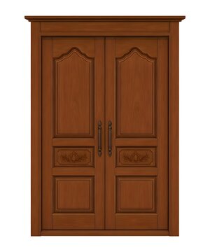 Clean flat vector traditional Lao wooden double door with carved panels