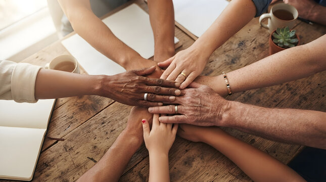 multiracial diverse people stacking hands together on wooden table for teamwork unity diversity and corporate collaboration concept