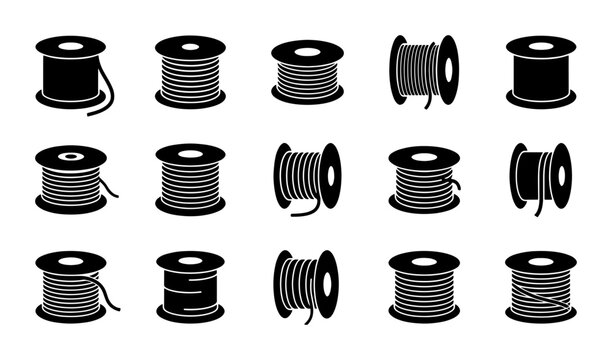 Set of 15 Black Wire Spool Icons, Electrical Cable Reels, Thread Bobbins, Craft Supplies, Industrial Components, Vector Graphics