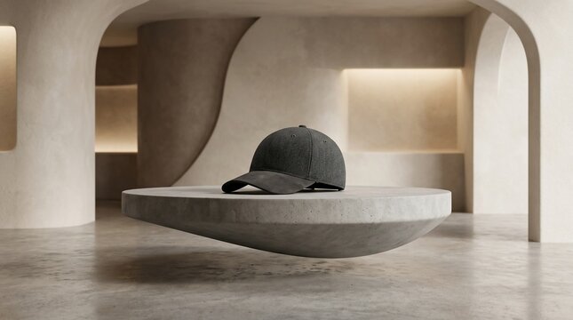 Minimalist display of dark baseball cap on abstract pedestal