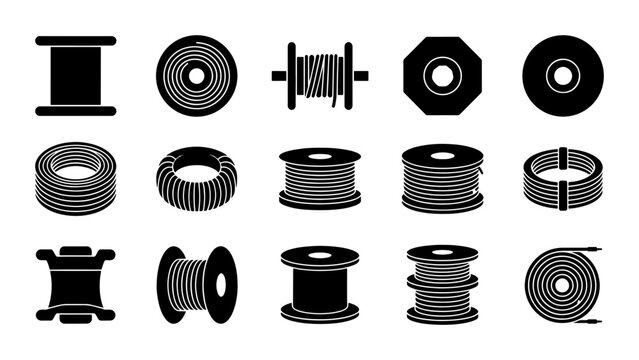 Set of 15 Black Wire Spool Icons, Industrial Bobbin Vector Graphics, Electrical Cable Reel Illustrations for Manufacturing and Technology Concepts
