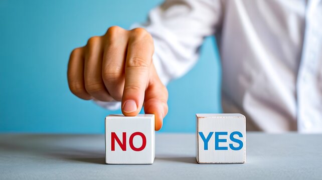 Hand choosing no over yes decision concept on blue background
