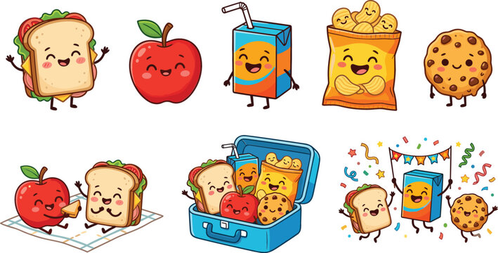 Cute School Lunch Box Cartoon Character Set with Kawaii Sandwich Apple Juice Box Chips and Cookie for Kids Picnic Graphic Designs