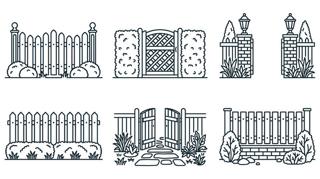 Collection of various garden fence and gate designs in flat line drawing.
