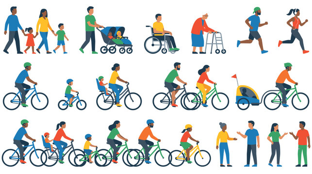 People active lifestyle set including cyclists joggers and families daily.