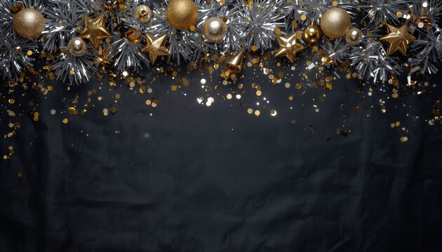 Elegant Christmas backdrop featuring stars and shiny decorative balls on luxury black background for festive winter holiday celebration design