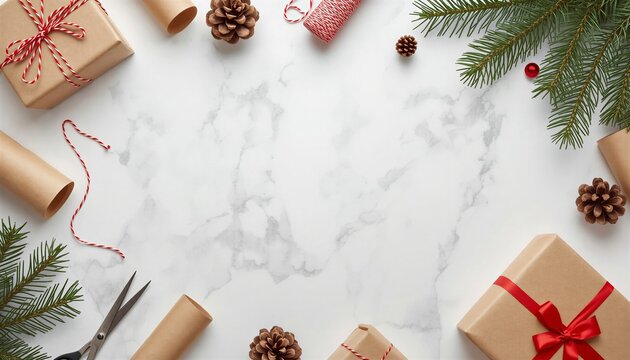 Elegant Christmas decoration frame with festive ornaments on luxury white marble background for winter holiday greeting card and banner design