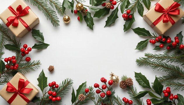 Minimalist Christmas border frame with vibrant red holly berries and fir tree branches over plain white background.