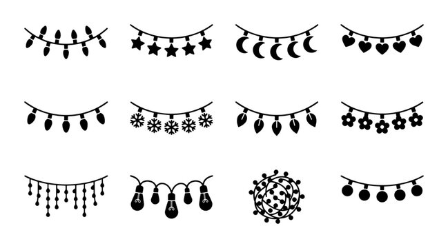 Festive String Lights Vector Icons: Christmas Ornaments, Stars, Moons, Hearts, Snowflakes, Bulbs, and Garland Elements for Holiday Decor and Celebration Graphics