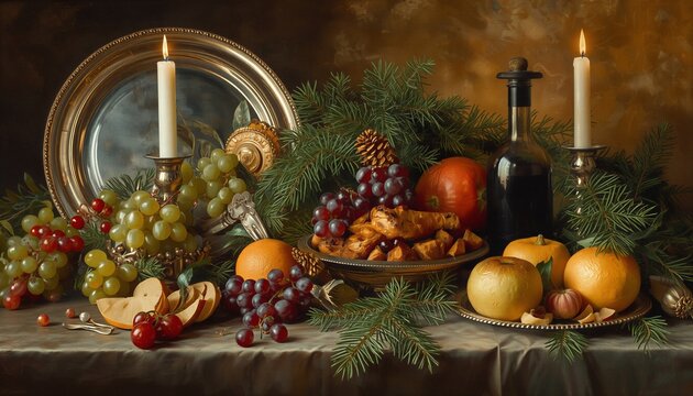 Fresh fruit dish with glowing candles for Christmas celebration on festive dinner table.