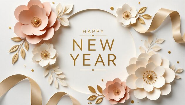Festive Happy New Year backdrop featuring layered papercut flower decorations, modern craft style.