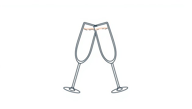 Minimalist line art illustration of champagne glasses clinking for Christmas and New Year celebration on white.