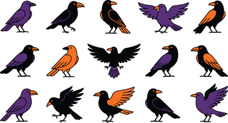 Fototapeta premium Illustrated crows and ravens in various poses isolated on transparent background, isolated on white background, Vector