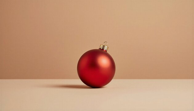 Festive red Christmas bauble ball on elegant brown background with copy space.
