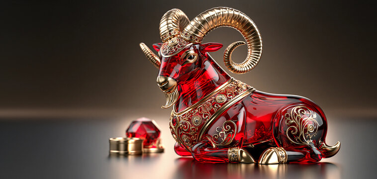 Ruby red crystal goat statuette with golden ornaments on blurred background. 2027 Year of the Goat. Chinese New Year decor. 3D digital illustration for banner with copy space