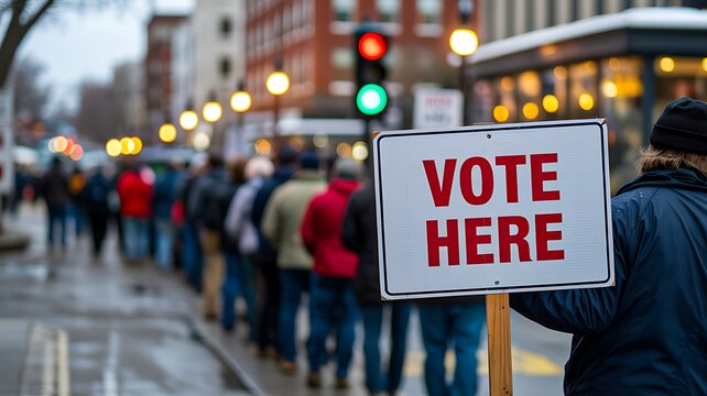 People waiting in line outside polling station with vote here sign