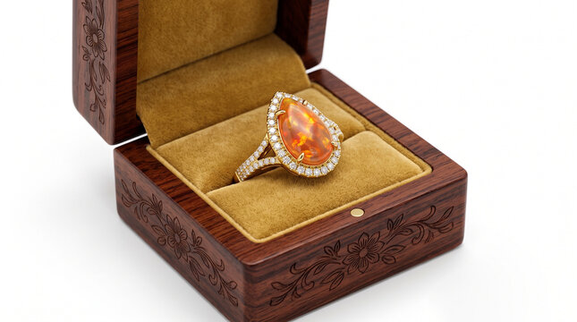 Mexican Fire Opal Engagement Ring in Etched Mahogany Wood Box