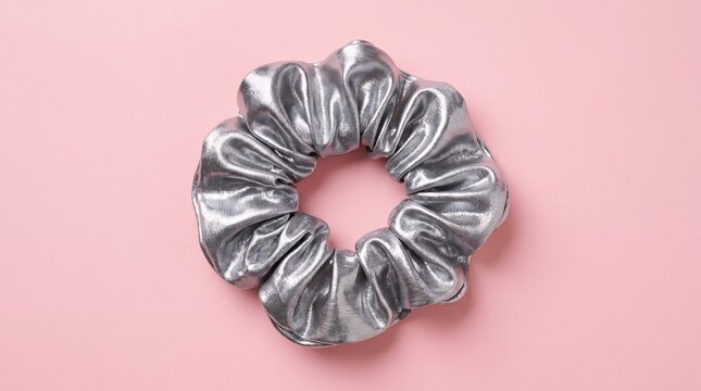 Glossy metallic silver scrunchie hair tie with folded texture on pale pink background studio shot