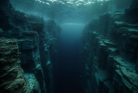 Generated fictional underwater scene with seabed and a large abyss pit.