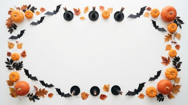 Spooky Halloween Frame of Pumpkins Black Bats and Candles with Copy Space