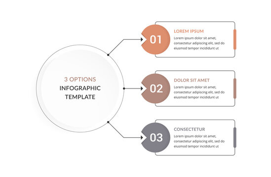 Infographic template with a central circle branching by arrows to three numbered text placeholders, symbolizing organized concepts and structured options