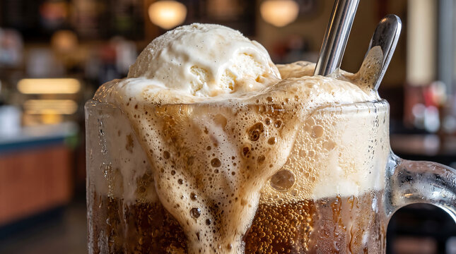Creamy Vanilla Ice Cream Scoop Melting over Overflowing Frothy Root Beer Float in Frosty Glass Mug Close-Up