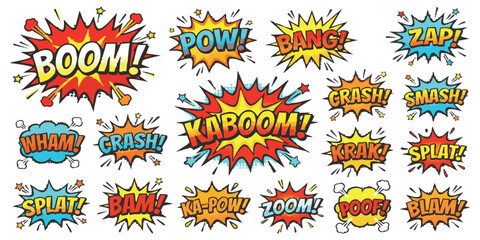 Set of colorful comic book speech bubbles with funny explosion words like boom pow bang crash and zoom © ZenVectors
