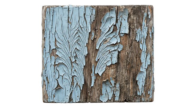 Old rustic wooden board with weathered light blue paint peeling off the surface