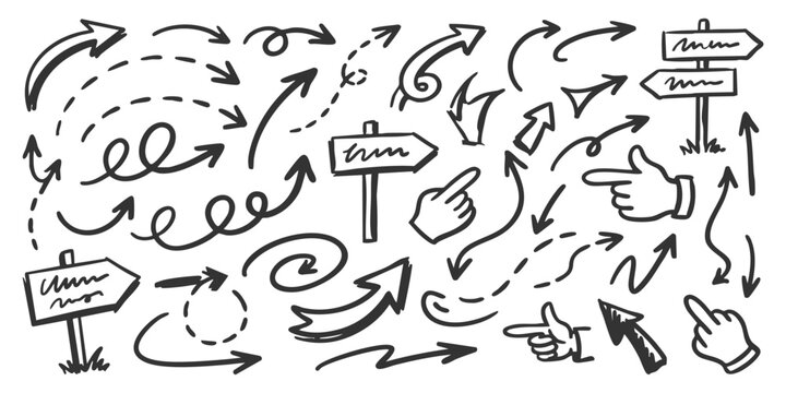 Set of hand drawn arrows and pointing fingers with directional signs and doodle sketches for creative design