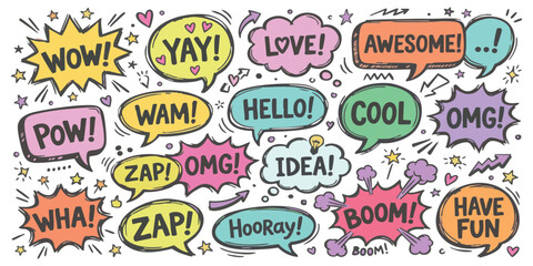 Set of colorful speech bubbles with comic book style text expressions and fun hand drawn doodle design elements © ZenVectors