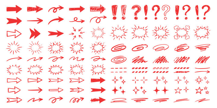 Set of red hand drawn arrows exclamation marks question marks stars and comic explosion shapes doodle elements