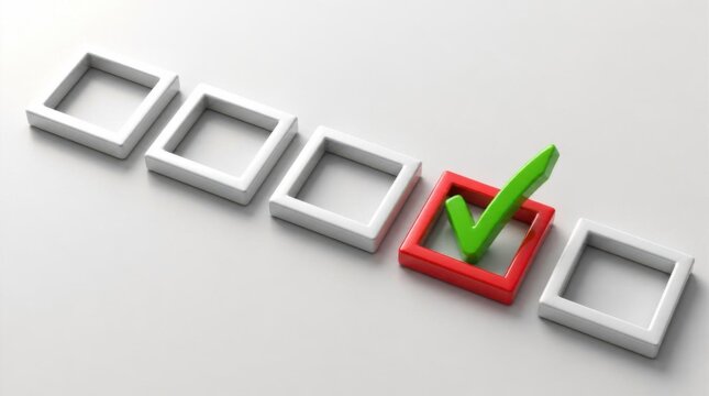 Green check mark in red square and empty white boxes on surface