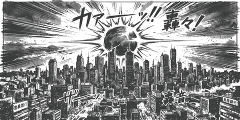 Fototapeta premium Big explosion happening in the middle of a modern city skyline with dramatic manga style comic book art