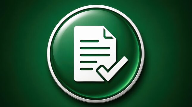 Green glossy round button with white document icon and approval checkmark symbol