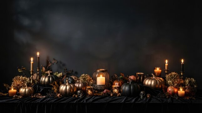 Gothic Halloween Table Setting with Metallic Pumpkins and Skulls with Copy Space