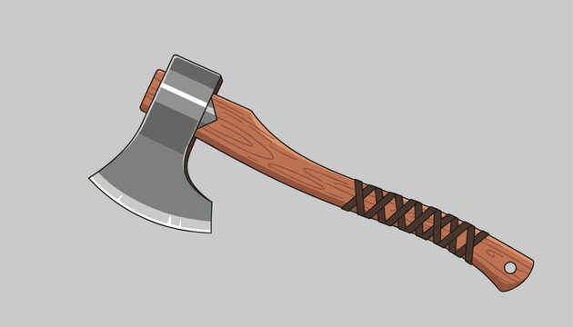 Classic sharp steel axe with a curved wooden handle and leather wrap, shown as a clean vector illustration.