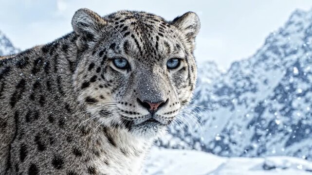 Snow leopard profile portrait in cold mountain environment.