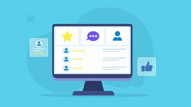 Flat vector animated desktop monitor displaying a customer feedback dashboard with ratings, reviews, user profile, messaging, and workflow interface. Ideal for business, customer service, and technolo