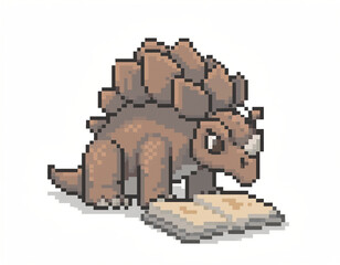 Fototapeta premium A cute brown pixel art Stegosaurus dinosaur reading an open book with focused attention