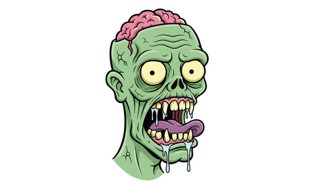 Spooky cartoon zombie head with exposed pink brain and sharp yellow teeth drooling heavily against white background.