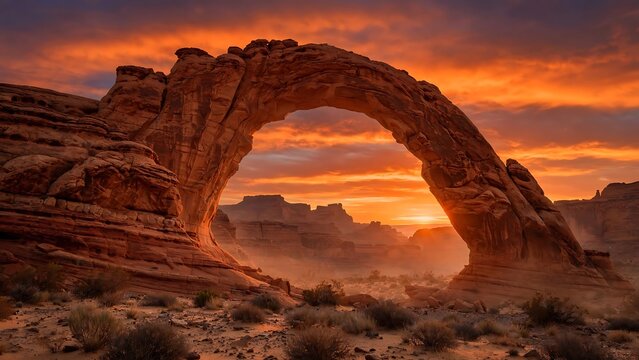 Majestic natural stone arch formation in a vast desert landscape at sunset
